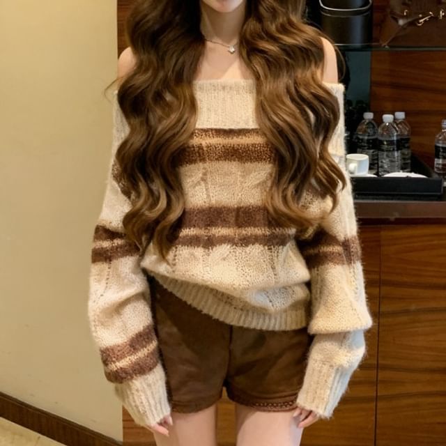 Shopherd-Off Shoulder Striped Cable Knit Sweater