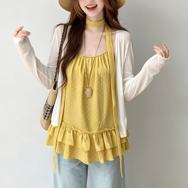 Shopherd-Plain Open Front Cardigan Scoop Neck Ruffle Trim Camisole Top Light Scarf Set