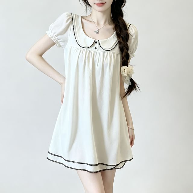 Shopherd-Puff-Sleeve Peter Pan Collar Contrast Trim Layered Mini A-Line Dress