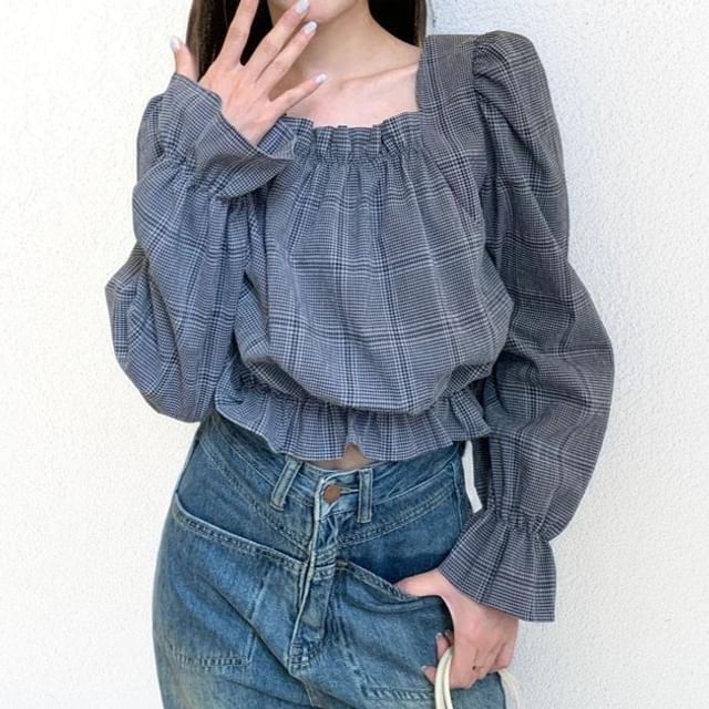 Shopherd-Puff Sleeve Square Neck Plaid Ruffle Blouse