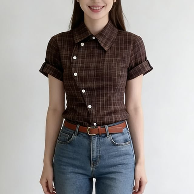 Shopherd-Short-Sleeve Asymmetrical Plaid Crop Shirt