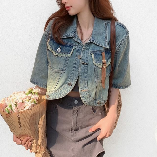 Shopherd-Short Sleeve Collared Washed Fray Crop Button Denim Jacket