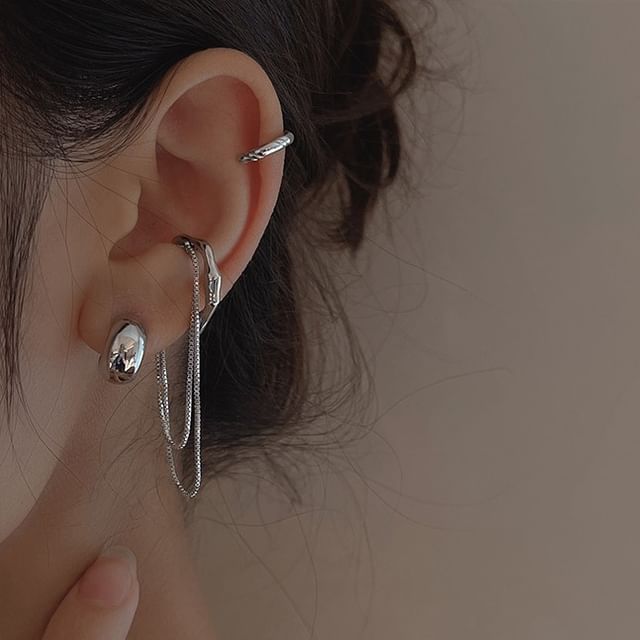 Show Mind-Set 925 Sterling Silver Plain Hoop Earring Plain Ear Cuff Chain Ear Cuff