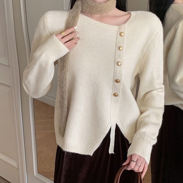 Sienne-Asymmetrical Neck Plain Button Detail Sweater