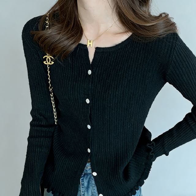 Sienne-Button-Up Ribbed Plain Cardigan