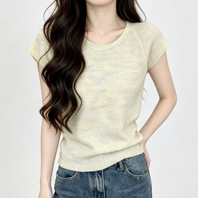 Sienne-Cap Sleeve Round Neck Melange Knit Top