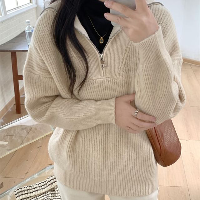 Sienne-Collar Plain Half-Zip Ribbed Sweater