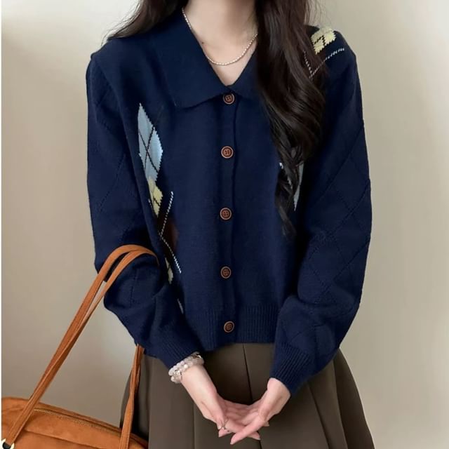 Sienne-Collared Argyle Button Up Cardigan