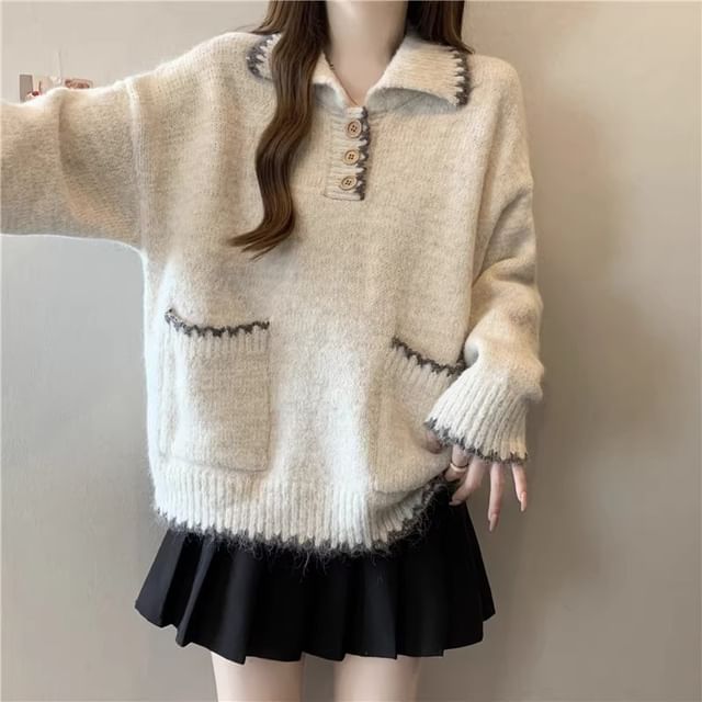 Sienne-Collared Contrast Trim Pocket Button Sweater