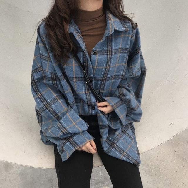 Sienne-Collared Plaid Button Up Oversized Shirt