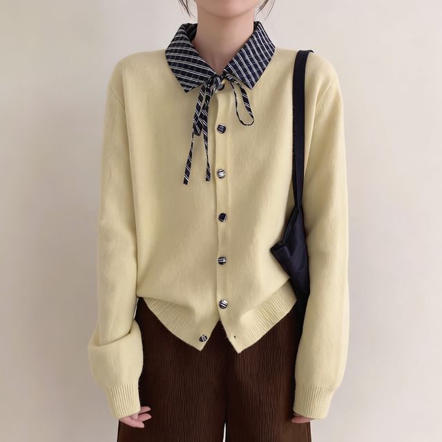 Sienne-Collared Plaid Panel Button Up Cardigan