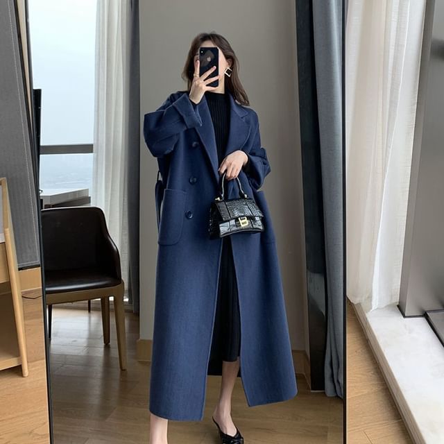Sienne-Collared Plain Maxi Double Breasted Coat