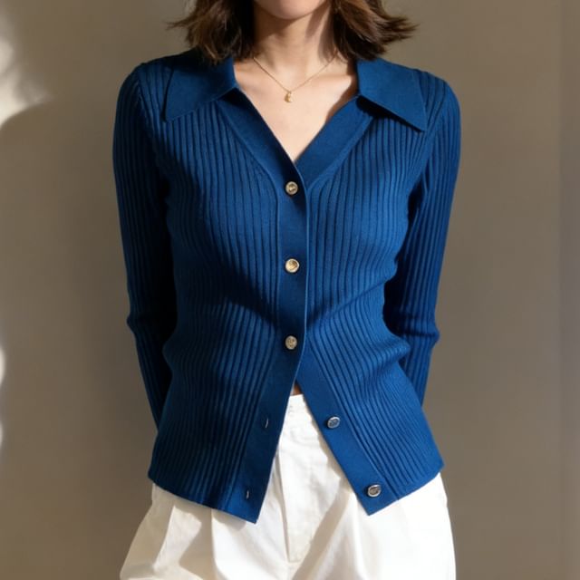 Sienne-Collared Plain Ribbed Cardigan