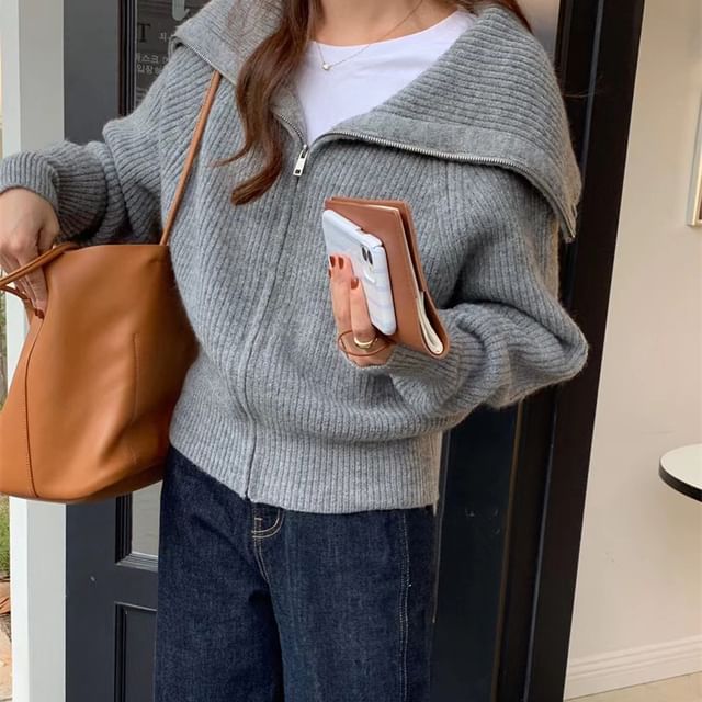 Sienne-Collared Plain Ribbed Zip Cardigan