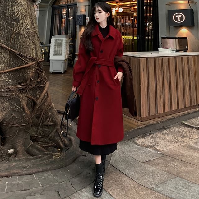 Sienne-Collared Plain Single Breasted Long Coat
