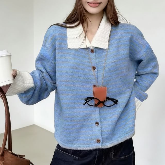 Sienne-Collared Striped Button Up Cardigan