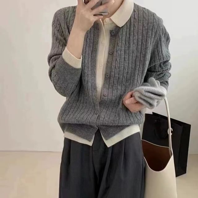 Sienne-Collared Two Tone Cardigan