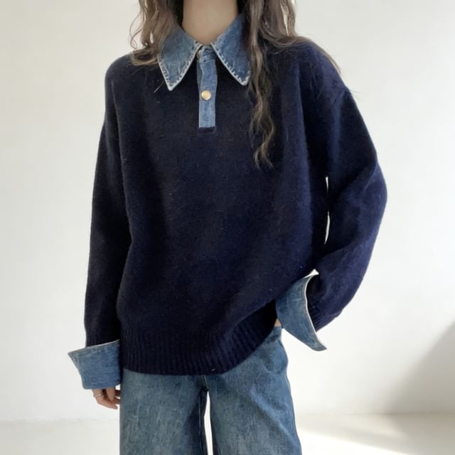 Sienne-Collared Washed Panel Denim Sweater
