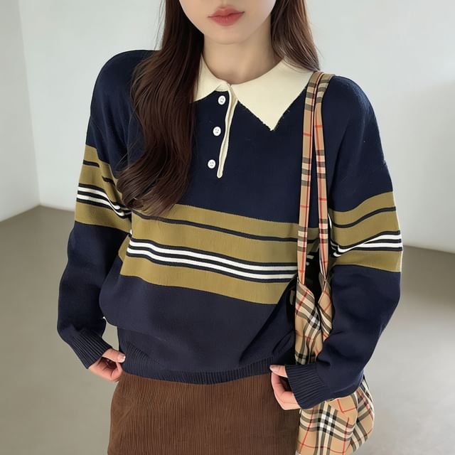Sienne-Color Block Striped Polo Sweater