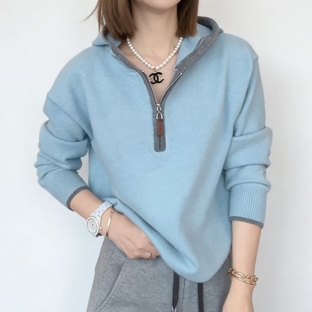 Sienne-Contrast Trim Half-Zip Knit Hoodie