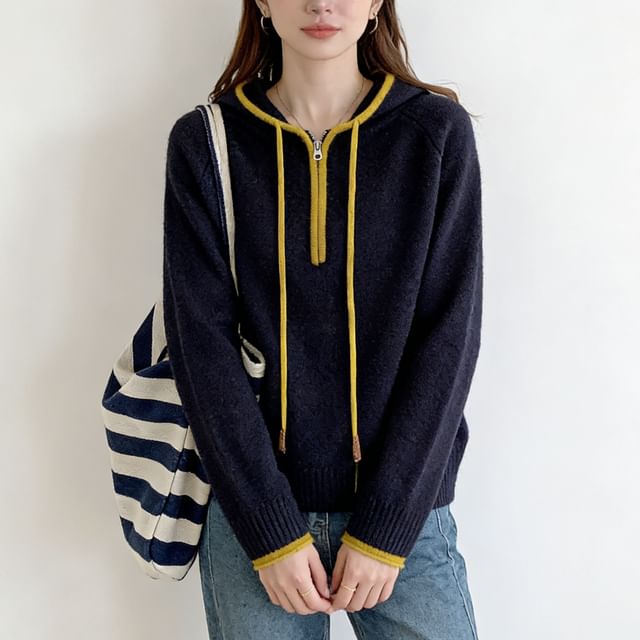 Sienne-Contrast Trim Hood Half Zip Sweater