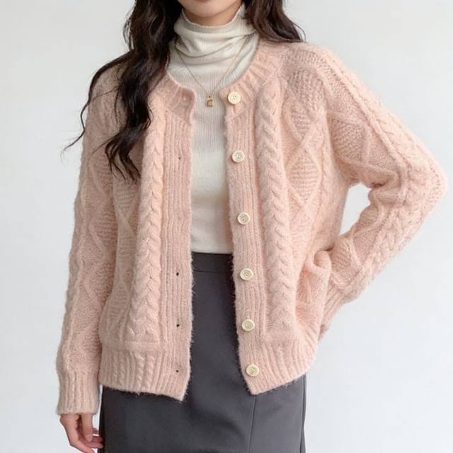 Sienne-Crew Neck Button-Up Plain Cable Knit Cardigan
