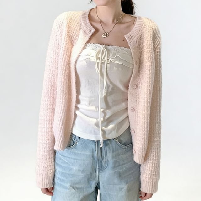 Sienne-Crew Neck Button-Up Plain Cardigan