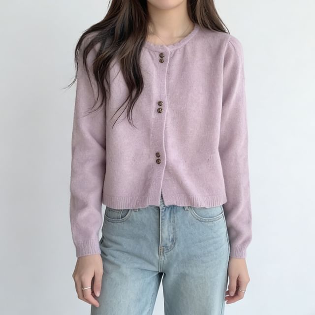 Sienne-Crew Neck Button-Up Plain Crop Cardigan