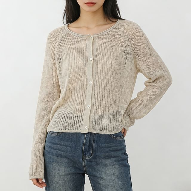 Sienne-Crew Neck Button-Up Plain Sheer Cardigan