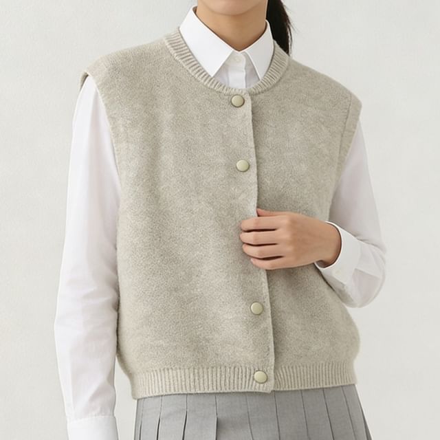 Sienne-Crew Neck Button-Up Plain Sweater Vest