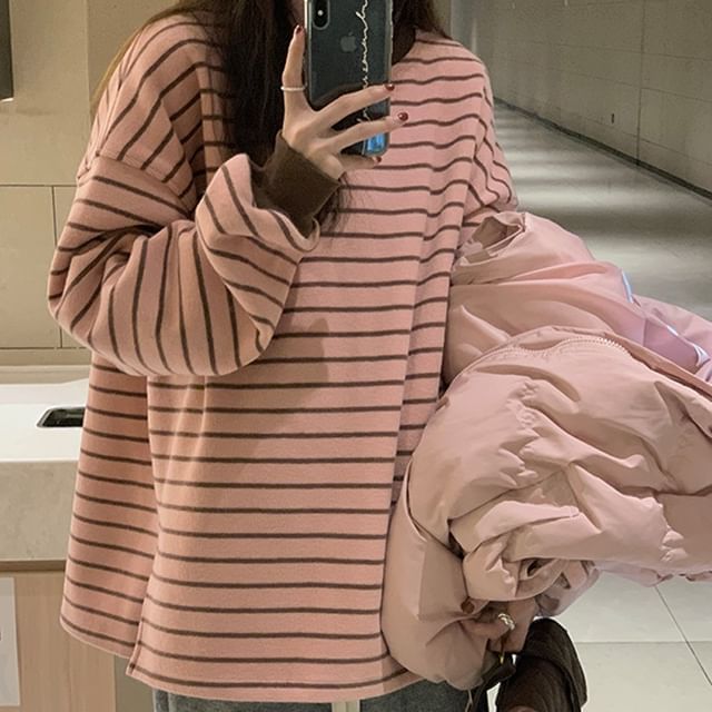 Sienne-Crew Neck Drop Shoulder Striped Oversized Pullover