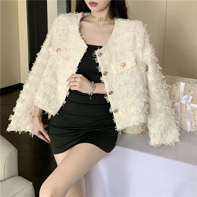 Sienne-Crew Neck Fringed Button-Up Tweed Crop Jacket