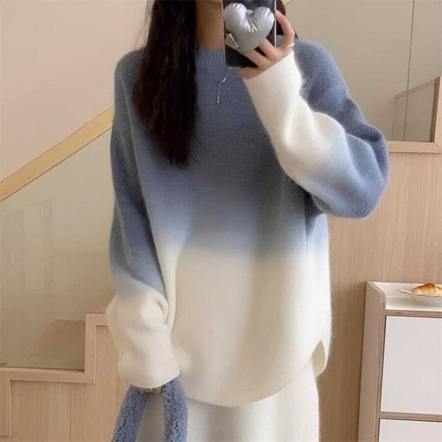 Sienne-Crew Neck Gradient Scoop Hem Sweater