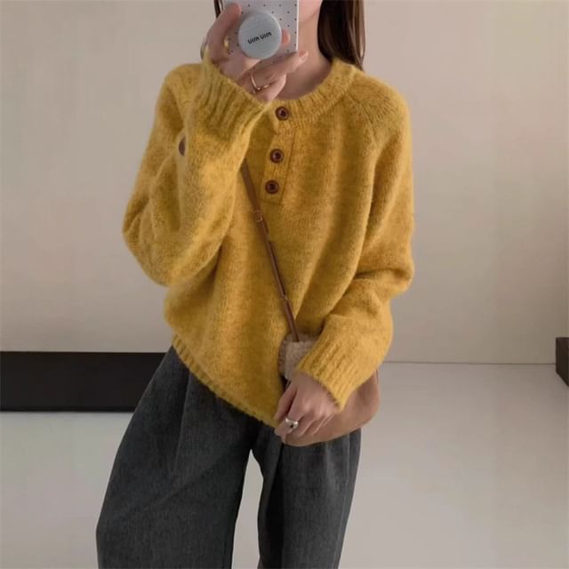 Sienne-Crew Neck Henley Plain Sweater