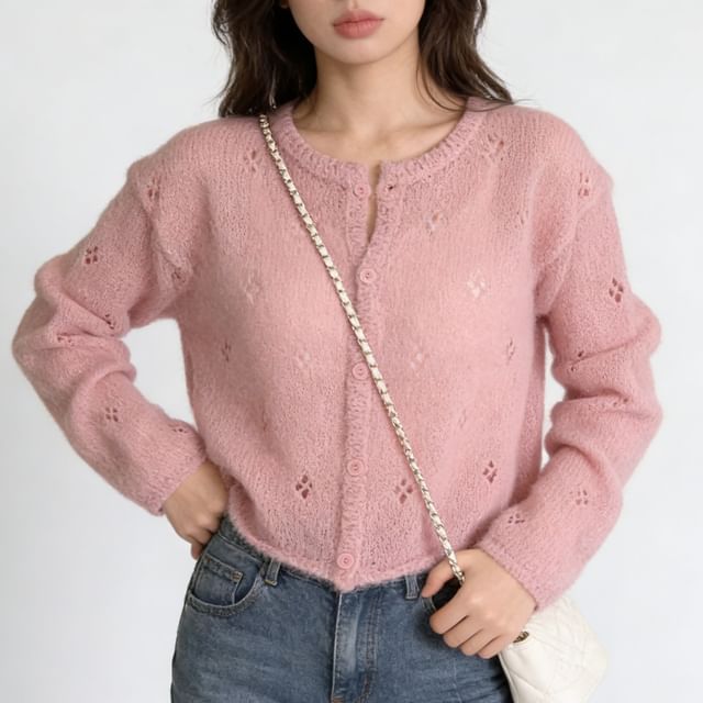 Sienne-Crew Neck Perforated Button-Up Plain Crop Cardigan