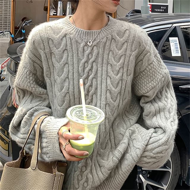 Sienne-Crew Neck Plain Cable Knit Oversized Sweater
