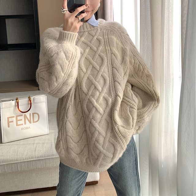 Sienne-Crew Neck Plain Cable Knit Sweater