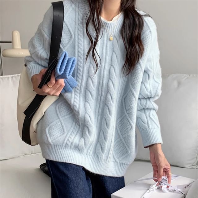 Sienne-Crew Neck Plain Cable Knit Sweater