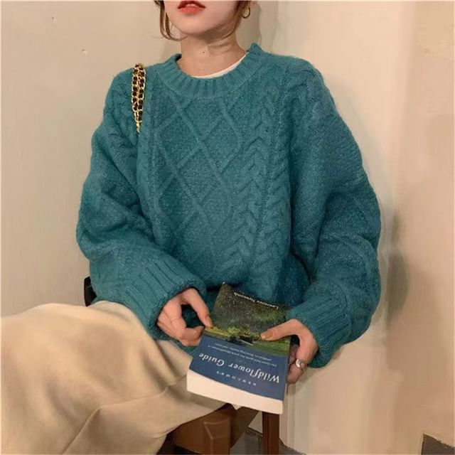 Sienne-Crew Neck Plain Cable Knit Sweater