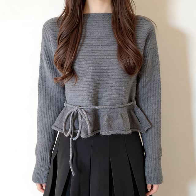 Sienne-Crew Neck Plain Ribbed Knit Sweater