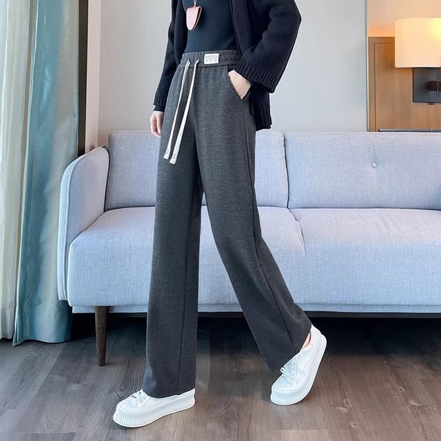 Sienne-Drawstring Waist Herringbone Loose Fit Pants