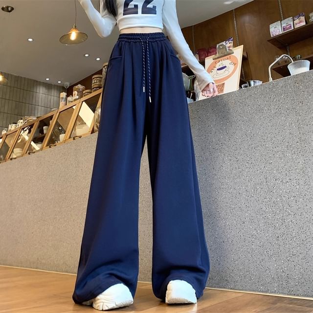 Sienne-Drawstring Waist Plain Baggy Sweatpants