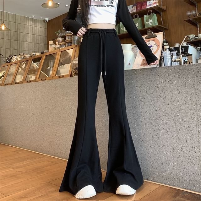 Sienne-Drawstring Waist Plain Bell Bottom Sweatpants
