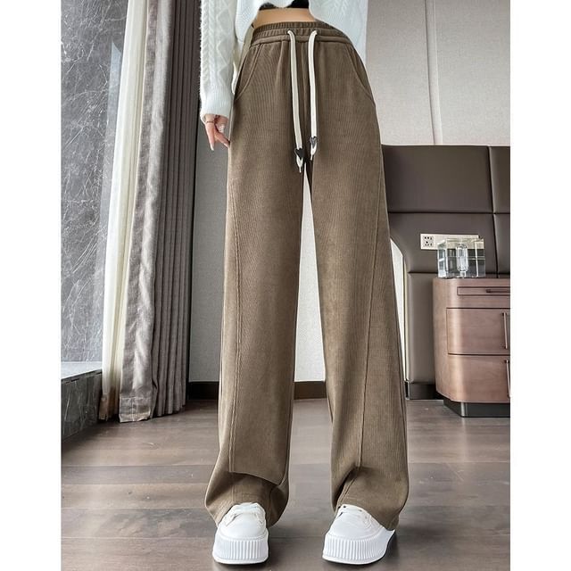 Sienne-Drawstring Waist Plain Panel Fleece-Lined Wide Leg Pants