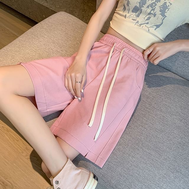 Sienne-Drawstring Waist Plain Wide Leg Shorts