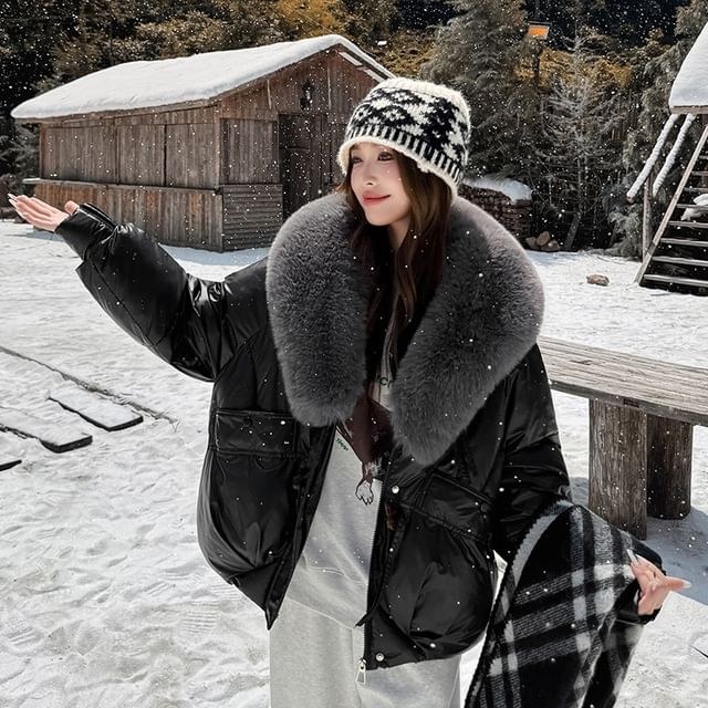 Sienne-Faux Fur Collar Zip Puffer Jacket