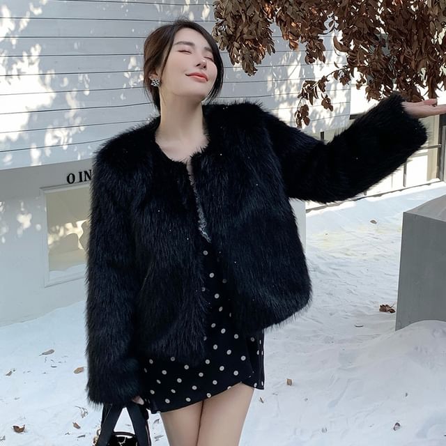Sienne-Faux Fur Open Front Crop Coat
