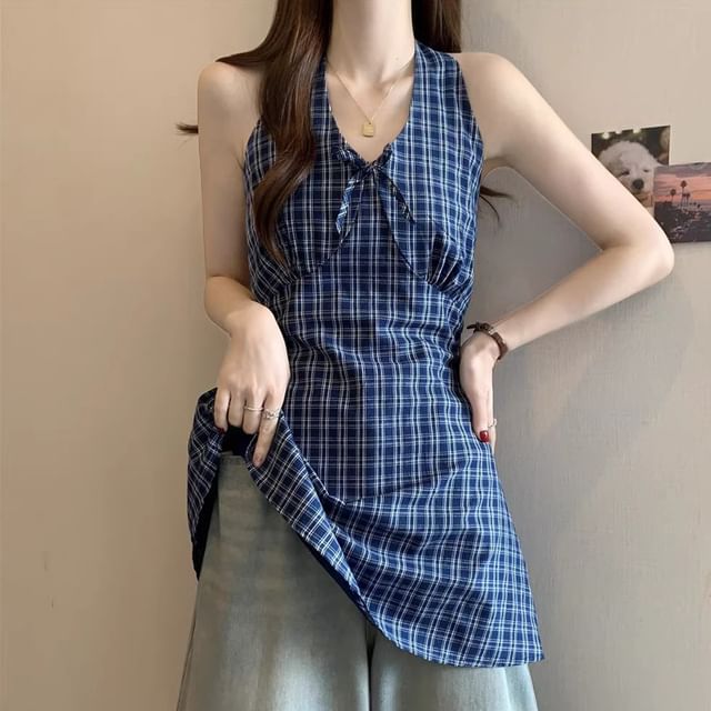 Sienne-Halter-Neck Plaid Ruffled Mini A-Line Dress