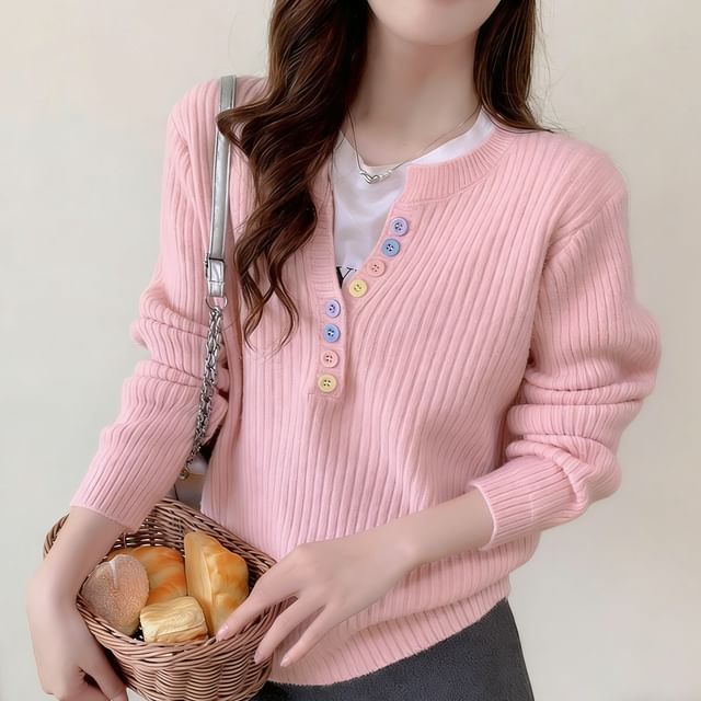 Sienne-Henley Neck Plain Ribbed Knit Sweater
