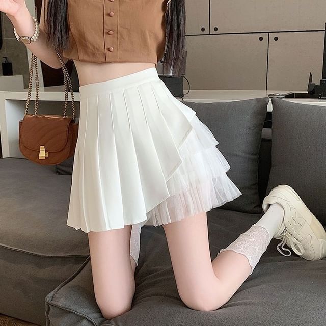 Sienne-High Rise Plain Asymmetrical Mesh Panel Pleated Mini A-Line Skirt